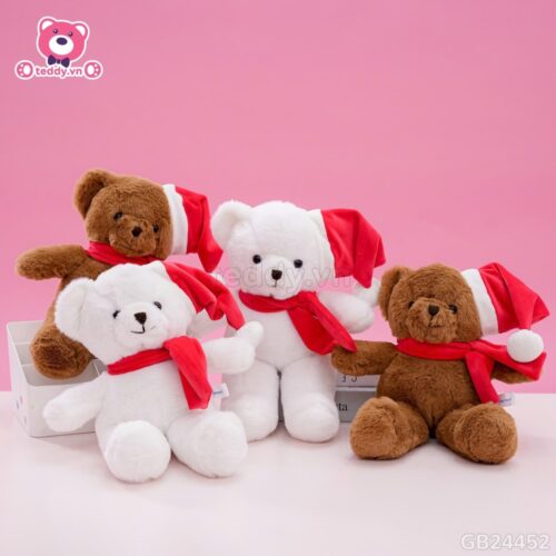 Gấu Bông Teddy Lông Trơn Đội Mũ Quàng Khăn Đỏ