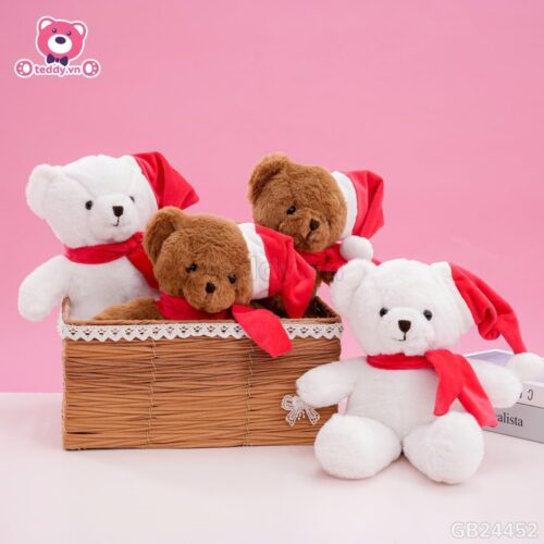 Gấu Bông Teddy Lông Trơn Đội Mũ Quàng Khăn Đỏ