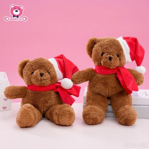 Gấu Bông Teddy Lông Trơn Đội Mũ Quàng Khăn Đỏ