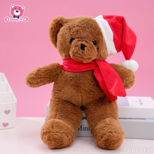 Gấu Bông Teddy Lông Trơn Đội Mũ Quàng Khăn Đỏ