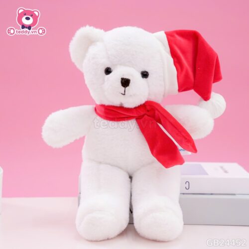 Gấu Bông Teddy Lông Trơn Đội Mũ Quàng Khăn Đỏ