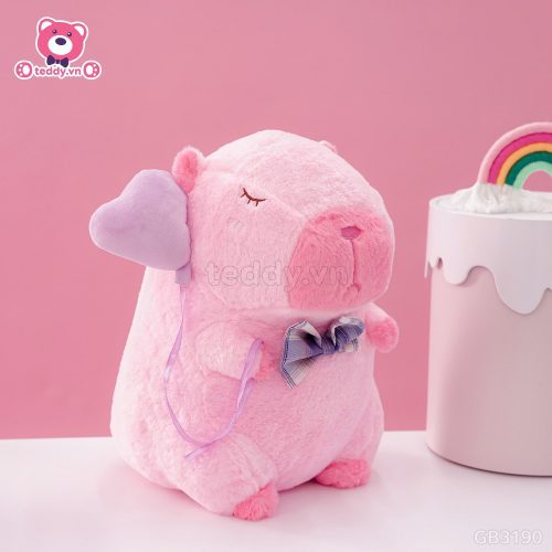 ĐG 40cm Gấu Bông Capybara Hồng Cầm Bóng Tim