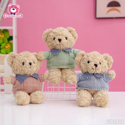 Gấu Bông Teddy Head Lông Xoắn Áo Len Cổ Kẻ