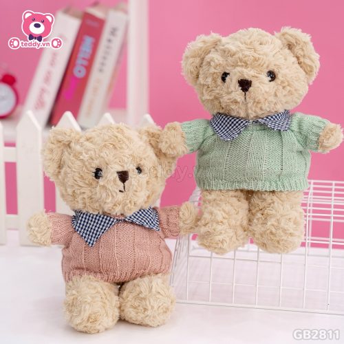 Gấu Bông Teddy Head Lông Xoắn Áo Len Cổ Kẻ