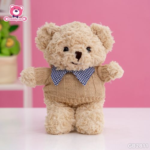 Gấu Bông Teddy Head Lông Xoắn Áo Len Cổ Kẻ