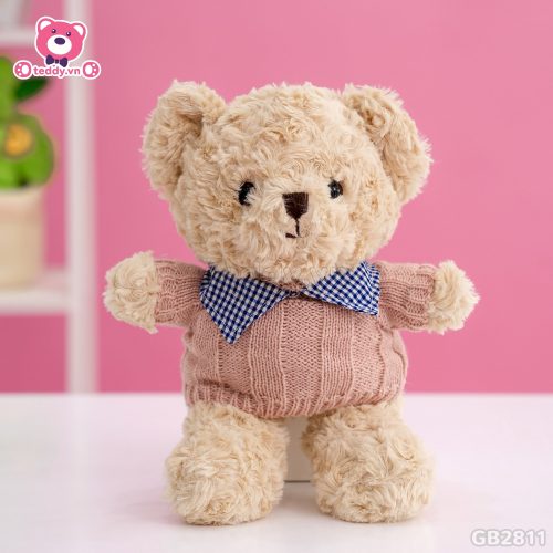 Gấu Bông Teddy Head Lông Xoắn Áo Len Cổ Kẻ