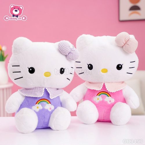 Gấu Bông Hello Kitty Thêu Cầu Vồng mềm mịn, nhồi bông căng phồng