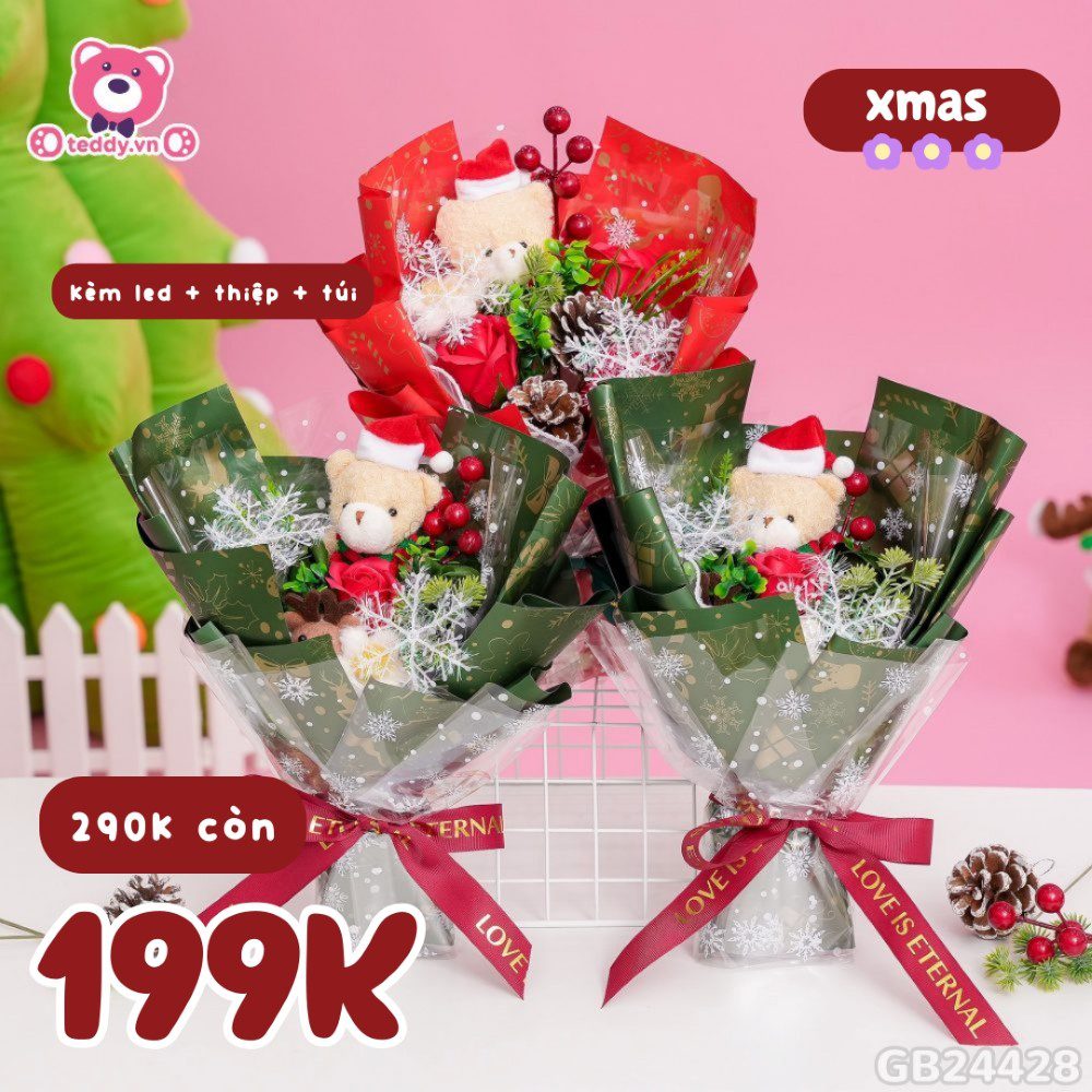 NOEL SBH Xòe 35cm - Gấu Vàng Mũ Noel Hoa Hồng - Xanh