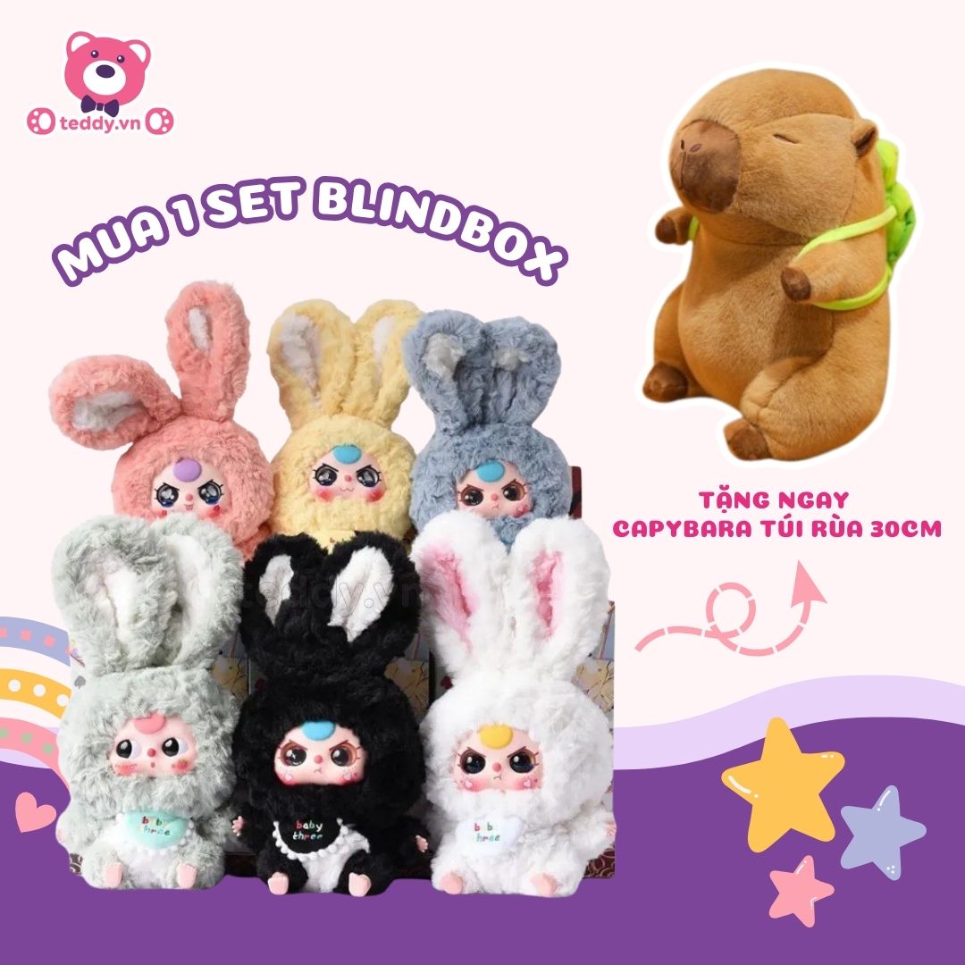 mua 1 set Blindbox bất kỳ, bạn sẽ được tặng ngay 1 em gấu bông Capybara đeo túi rùa 30cm